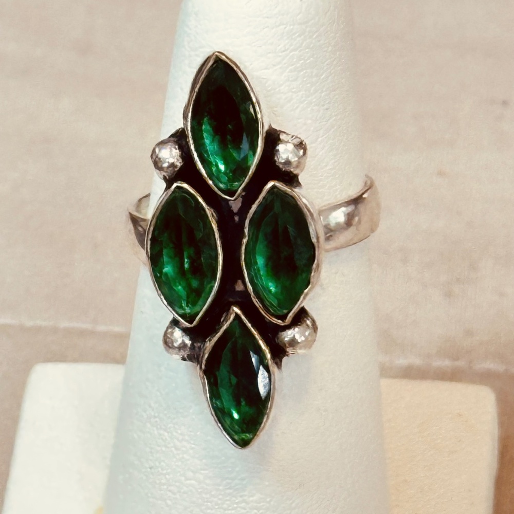 925 Sterling Silver Ring, 4 Marquee Faceted Green Topaz